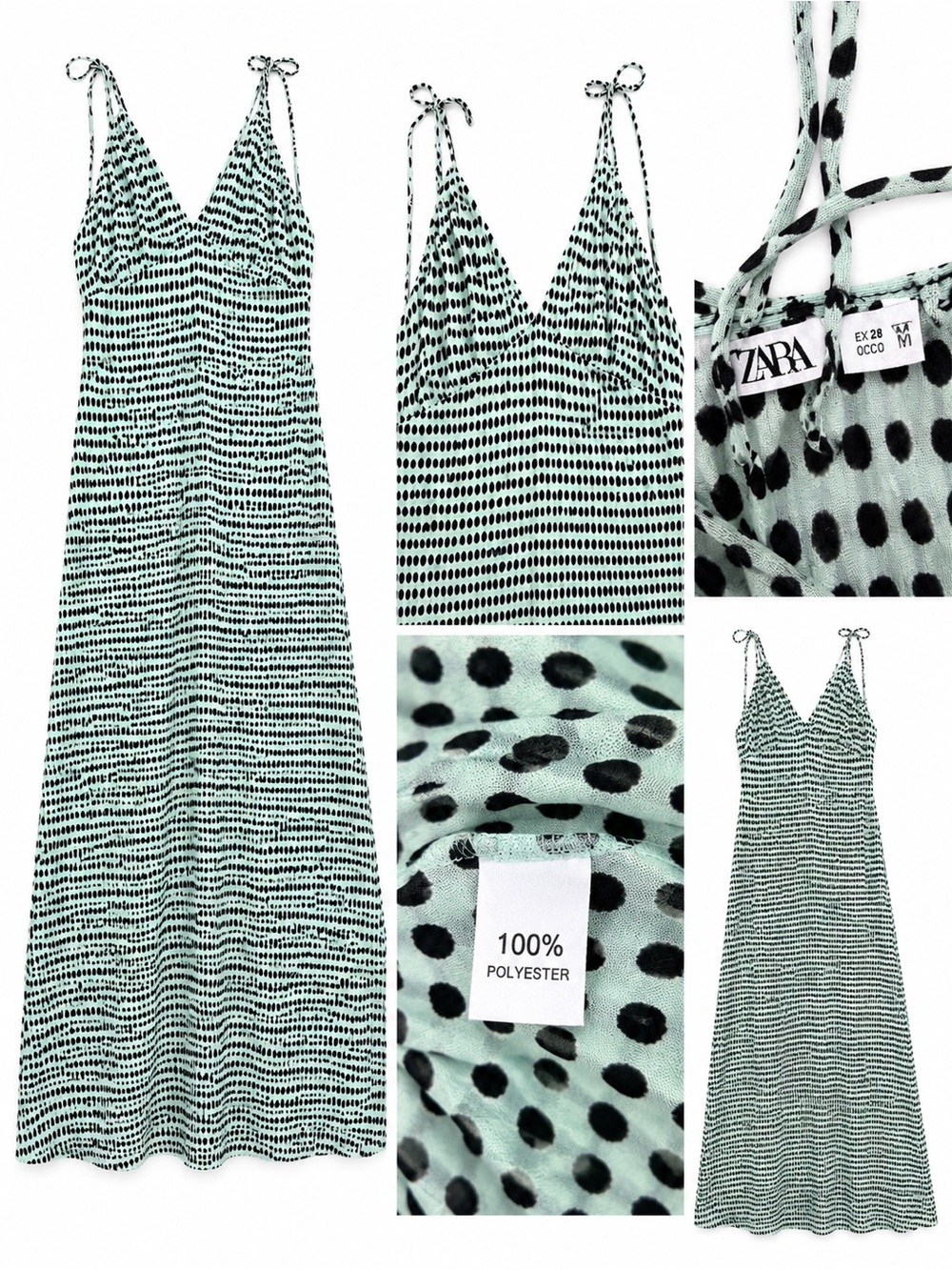 Zara Mint Green and Black Polka Dot Midi Slip Dress